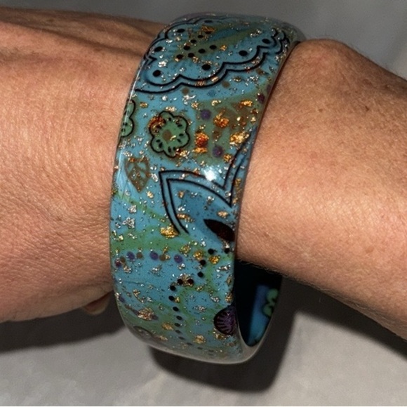 Artisan Teal and Gold Lucite Chunky Bangle Floral Paisley Bracelet Dimensional - Picture 7 of 9